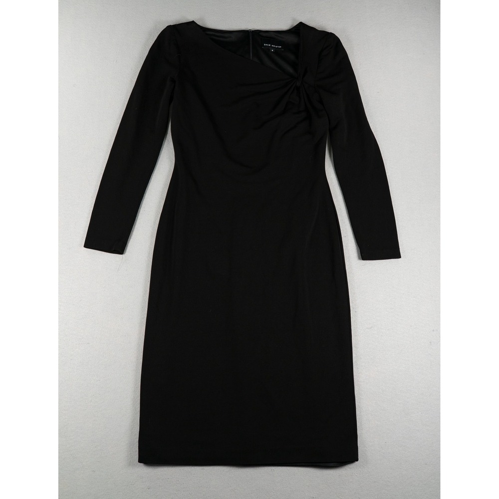 David Meister Black Asymmetrical Knot Long Sleeve Sheath Dress Size 4 LBD